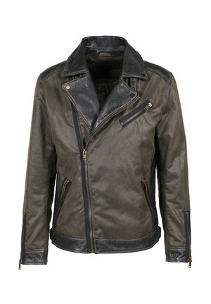 Chaqueta de cuero estilo motero para hombre en gris oscuro con detalles en negro, con cremallera asimétrica, bolsillos con cremallera y detalles de cuello con broches.