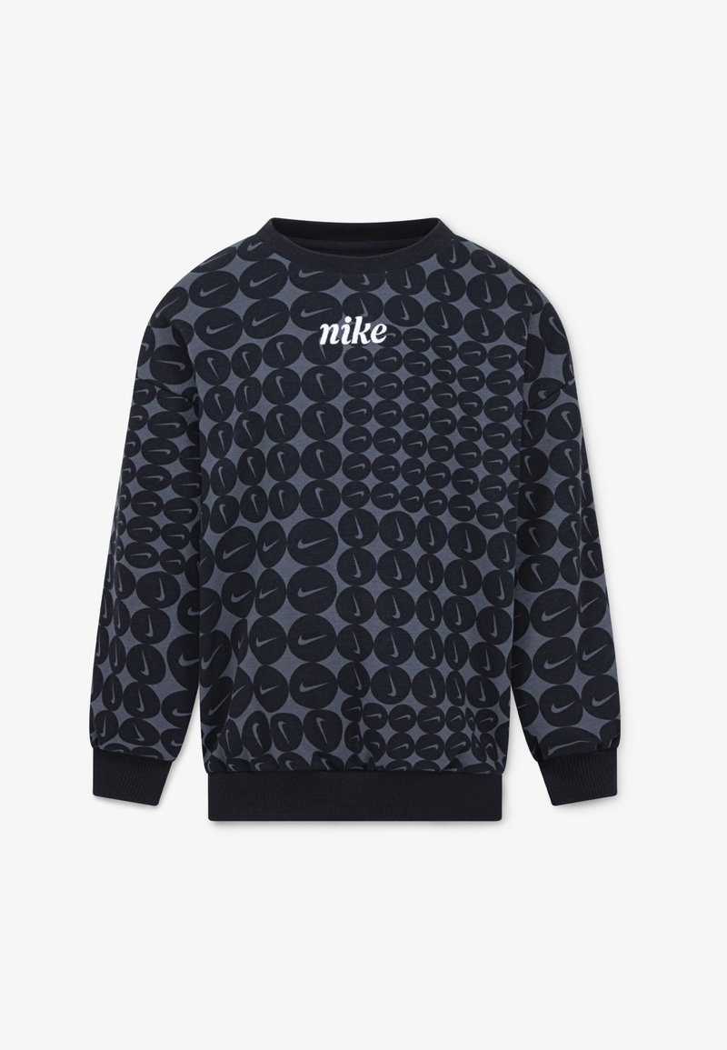 Čierny a tmavošedý potištený sweatshirt Nike s okrúhlym výstrihom, dlhými rukávmi a výrazným logom po celej ploche.