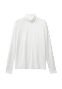Wei�ßes langärmliges Turtleneck-Shirt aus weichem Material und lockerer Passform, präsentiert vor einem weißen Hintergrund.