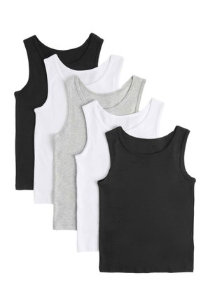 Fem ærmeløse tanktops i sort, hvid og grå, arrangeret overlappende på en hvid baggrund.