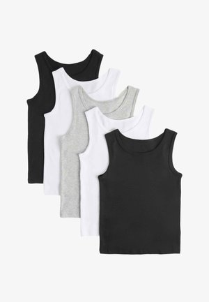 Fem ærmeløse tanktops i sort, hvid og grå, arrangeret overlappende på en hvid baggrund.