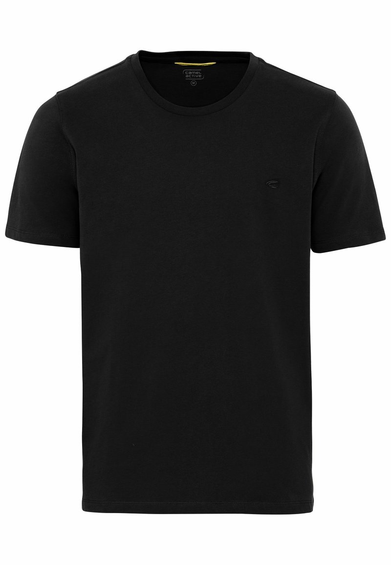 Sort bomulds T-shirt med rund hals og korte ærmer. Har et lille logo på brystet. Blød tekstur uden synlige mønstre.
