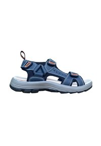 Sandalo blu navy con punta aperta, cinturini regolabili e suola grigia. Presenta un design leggero, parte superiore testurizzata e accenti arancioni.