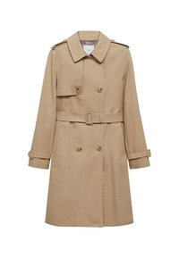 Manteau beige en tissu lisse, avec des boutons double boutonnage, une taille ceinturée, des épaulettes et des poches latérales.