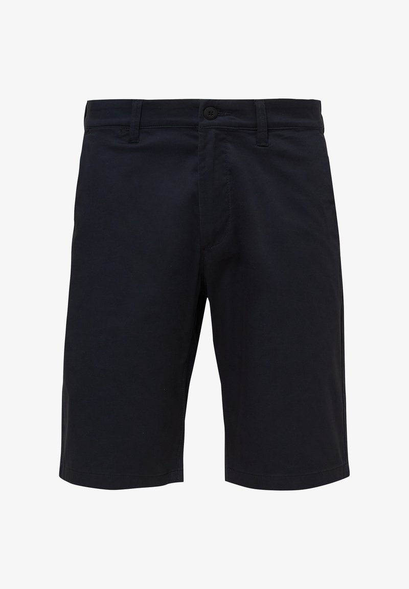 Shorts noirs à genoux avec passants pour ceinture, fermeture par bouton, et un design net et ajusté.