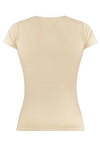 Beige T-Shirt mit kurzen Ärmeln und rundem Ausschnitt. Hergestellt aus weichem Material, mit einer glatten, nahtlosen Textur auf der Rückseite.