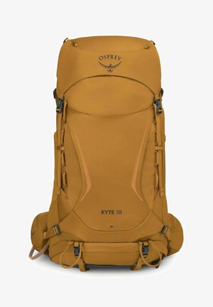 Zaino da escursionismo Osprey Kyte 38 color sabbia con più cinghie, fibbie e cintura lombare imbottita mostrato da davanti.