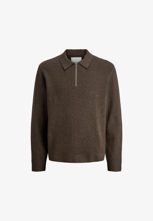 Rjav dolg rokav pulover iz pletenine s ovratnikom in kratkim srebrnim zadrgo na sprednji sredini.