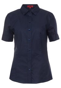 Camicia aderente a maniche corte blu navy con colletto classico e sette bottoni frontali.