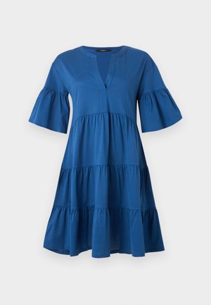 Blue short-sleeve tiered dress with ruffled sleeves and a V-neck slit neckline, made from lightweight fabric.