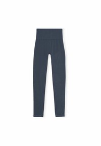 Leggings en gris oscuro con una amplia cinturilla elástica. Presentan una textura suave y un sutil detalle de costura en la parte delantera y trasera.