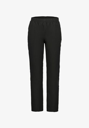 Pantalones negros con cintura elástica y piernas ajustadas, que presentan una textura suave y un diseño minimalista. Adecuados para uso casual o activo.