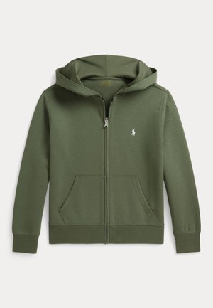 Felpa con cappuccio verde oliva con cerniera, tasche frontali, polsini a costine e piccolo logo Polo bianco ricamato sul petto sinistro.