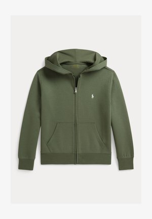 Olivengrøn hættetrøje med lynlås, frontlommer, ribstrikkede manchetter og lille hvid broderet Polo-logo på venstre bryst.