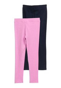 Zwei Paar Leggings: eines in Pink, das andere in Marineblau. Beide verfügen über einen dehnbaren, glatten Baumwollmix und einen einfachen, nahtlosen Bund.