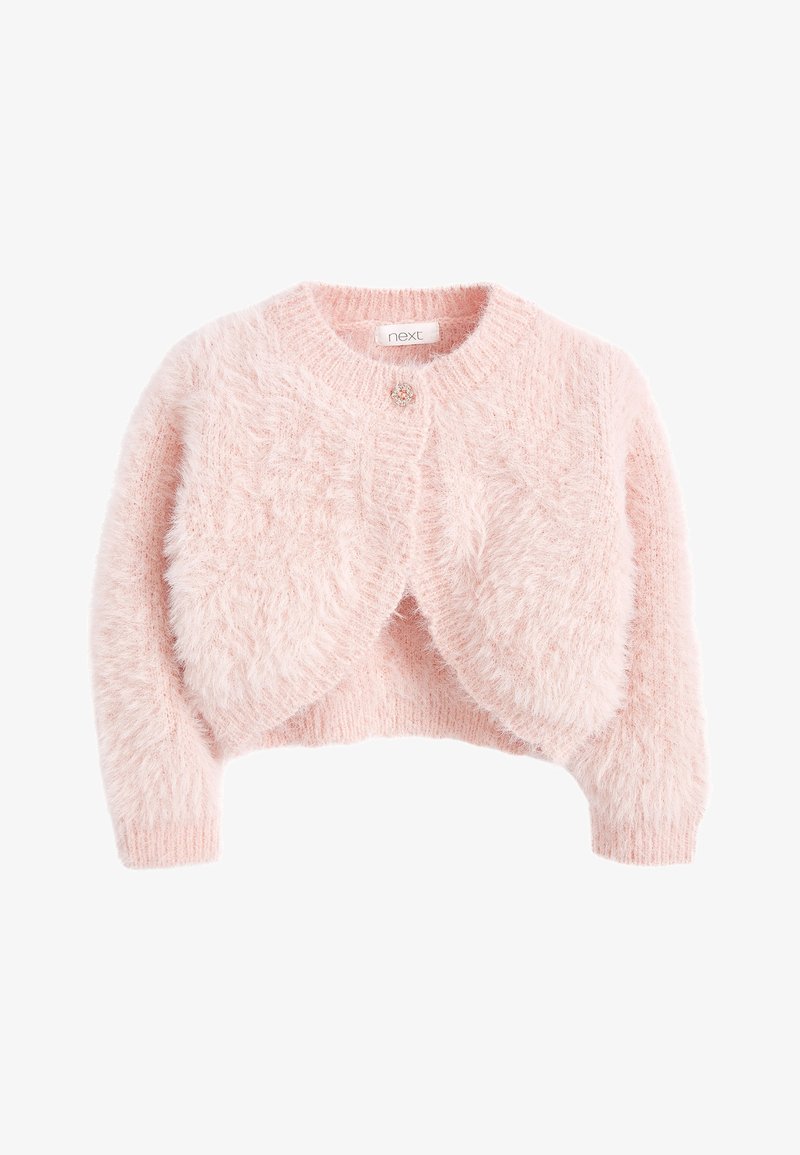 Cardigan corto rosa morbido e peloso con maniche lunghe, scollo tondo e un piccolo bottone decorativo sul colletto.