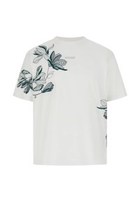 Witte T-shirt met korte mouwen, met een gedetailleerde groene bloemenprint en een subtiel logo op de borst. Zachte stof met een losse pasvorm.
