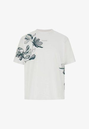 Maglietta bianca a maniche corte, con una stampa floreale verde intricata e un logo discreto sul petto. Tessuto morbido con vestibilità comoda.