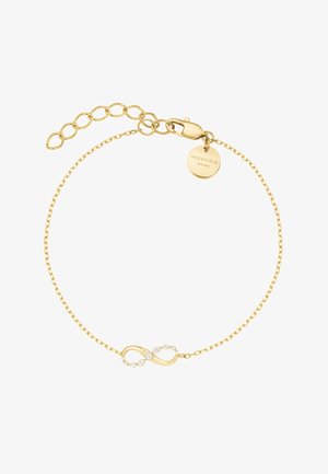 Zarter Goldkettchen-Armband mit einem Unendlichkeitssymbol, verziert mit kleinen weißen Steinen, und einer runden Plakette, auf der "ROSEFIELD" eingraviert ist.