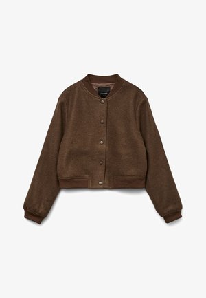 Brown cropped jacket made of textured fabric, featuring a round collar, snap-button closure, and ribbed cuffs and hem.