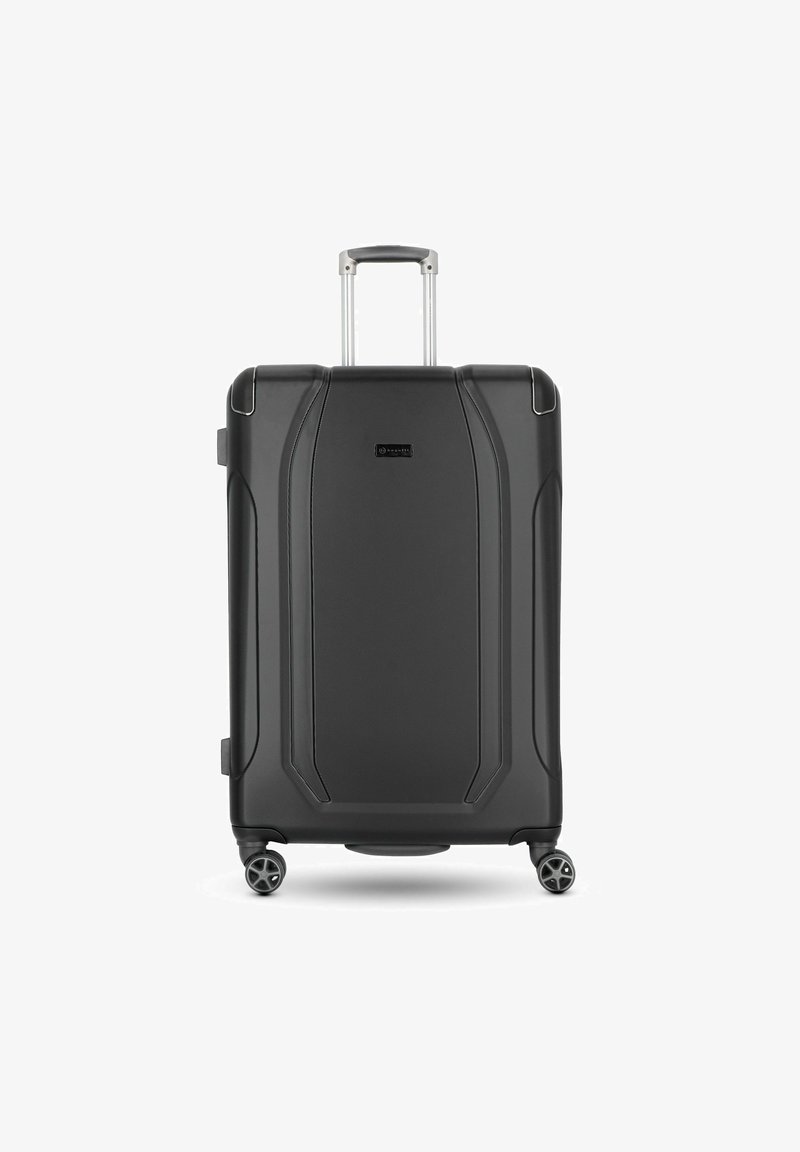 Schwarzer Hartschalenkoffer mit glatter, strukturiertem Oberfläche, teleskopischem Griff und vier schwenkbaren Rädern für eine einfache Mobilität.