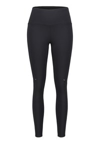 Leggings realizzati in tessuto elasticizzato nero, design a vita alta, texture liscia, con dettagli di cucitura e accenti riflettenti vicino alle ginocchia.