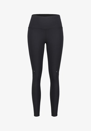 Leggings en tissu stretch noir, taille haute, texture lisse, avec des coutures détaillées et des accents réfléchissants près des genoux.