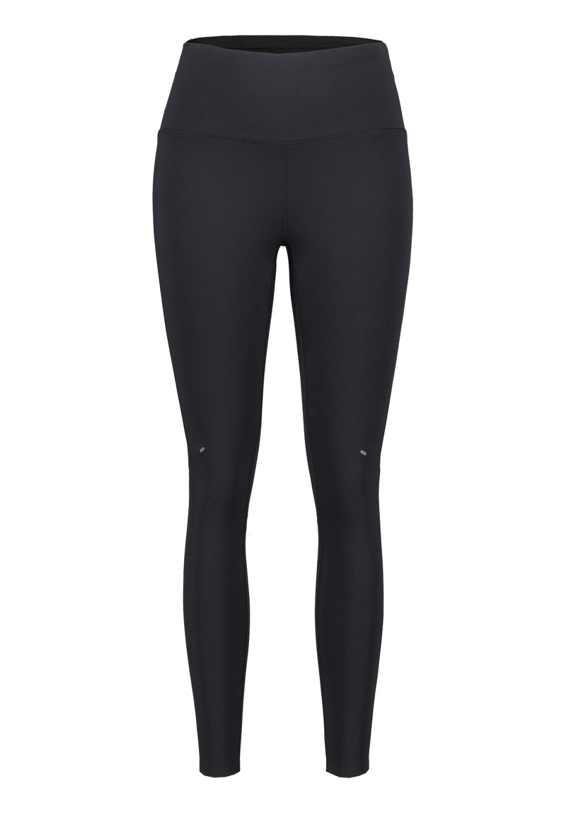 Leggings realizzati in tessuto elasticizzato nero, design a vita alta, texture liscia, con dettagli di cucitura e accenti riflettenti vicino alle ginocchia.