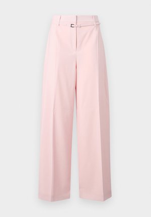 Pink wide-leg trousers made of smooth fabric, featuring a high waist, belt loops, and a hook-and-bar closure. Tailored design with pleats.