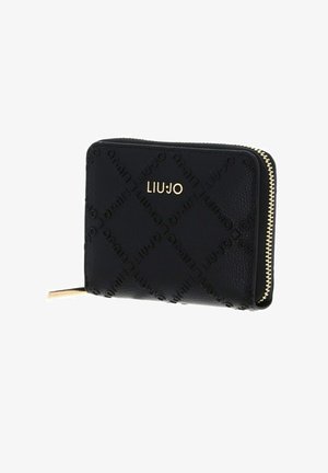 Portafoglio nero Liu Jo con motivo logo in rilievo, cerniera dorata e scritta del marchio dorata sul davanti.