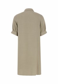 Gaiši olīvzaļš krekldress, kas izgatavots no mīksta auduma, ar īsām piedurknēm ar savilktām detaļām un dekoratīvu apdari pie piedurknēm.