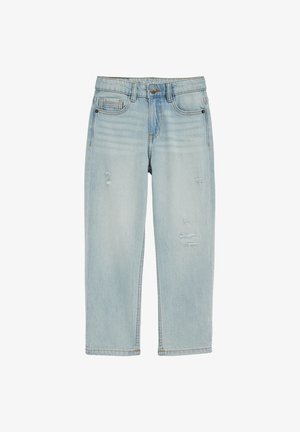 Jean en denim bleu clair avec une coupe décontractée, des accents usés, un design à cinq poches et une fermeture à boutons.