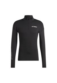 Pullover lungo nero a maniche lunghe con colletto alto e zip a un quarto. Pannelli laterali testurizzati e logo bianco sul petto e sulla manica.