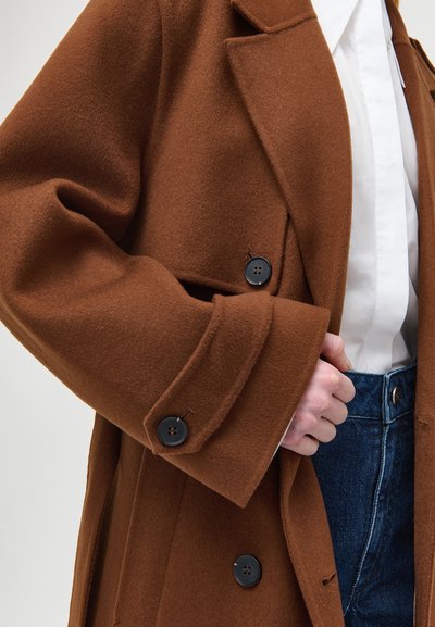 Cappotto di lana marrone con grandi bottoni neri indossato sopra una camicia bianca e jeans di denim blu, mano che sistema il risvolto del cappotto.