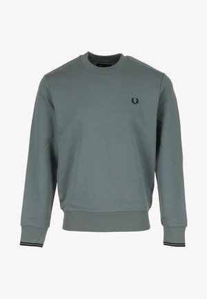Sweat-shirt basique à manches longues et col rond en vert doux avec poignets et ourlet côtelés, et un petit logo de couronne de laurier noire sur la poitrine gauche.
