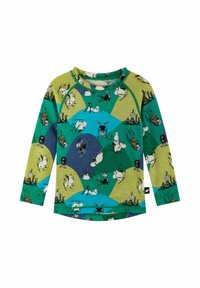 Maglietta a maniche lunghe verde e blu, con una stampa giocosa del personaggio Moomin. Realizzata in tessuto morbido, con scollatura rotonda e orlo curvo.