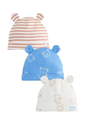 Drei Babyhüte mit Bärenohren: rosa-weiß gestreift, blau mit Bärengesichtern und weiß mit Teddybärenmotiven und dem Text "kleiner Bär".