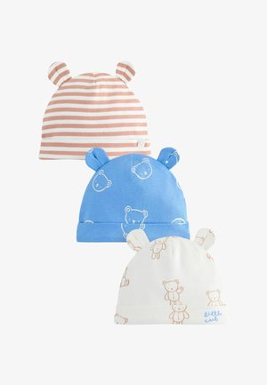 Drei Babyhüte mit Bärenohren: rosa-weiß gestreift, blau mit Bärengesichtern und weiß mit Teddybärenmotiven und dem Text "kleiner Bär".