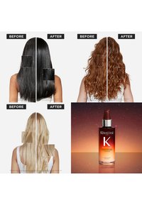 Kérastase hårserum. Fyra hårförvandlingar: rakt svart, vågigt rött och blont, visade med före- och efterbilder.