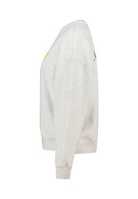 Light gray, cotton sweatshirt with a relaxed fit, ribbed cuffs, and hem. Features yellow and green accents on the shoulder. Side view.
