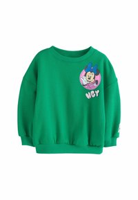 Grøn fleece sweatshirt med en rund rosa grafik, som viser en karakter og teksten "HEY." Ribbede halsudskæring og manchetter, afslappet pasform.