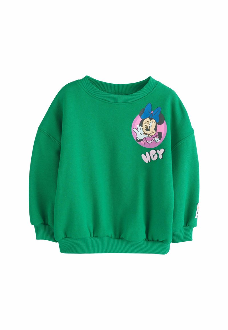 Grøn fleece sweatshirt med en rund rosa grafik, som viser en karakter og teksten "HEY." Ribbede halsudskæring og manchetter, afslappet pasform.