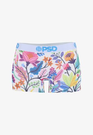 Damesboxershorts met een witte tailleband met daarop het blauwe PSD-logo en een kleurrijk bloemen- en vogelpatroon op witte stof.