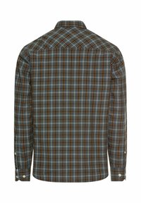 Checkered shirt with a back view; features a blue, brown, and orange plaid pattern, long sleeves, button cuffs, and a standard collar.