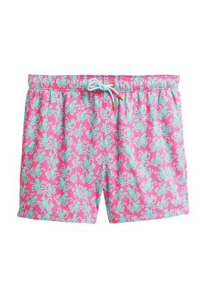 Rózsaszín háttérrel rendelkező fürdőshorts, amelyen ismétlődő türkiz polip mintázat található, elasztikus derékpánttal és húzózsinórral, valamint textúrált felülettel.