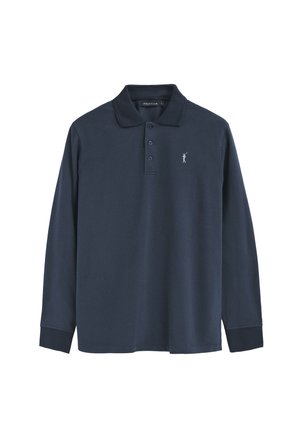 Marineblaues langärmliges Polohemd mit Kragen, Knopfleiste mit drei Knöpfen und einem kleinen Logostick auf der linken Brust. Hergestellt aus weichem Stoff.