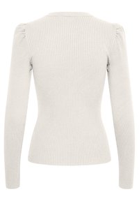 Pull en maille côtelée beige clair à manches longues avec un subtil détail bouffant aux épaules, taille ajustée, vue de dos.