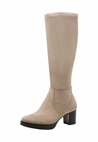 Beige faux suede knee-high boot with a square toe and block heel. Smooth texture, minimal stitching details, and no visible hardware accents.