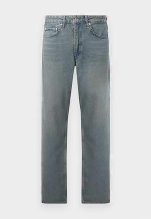 Light blue denim jeans with a straight-leg design, featuring five pockets, subtle fading, and metal button accents.