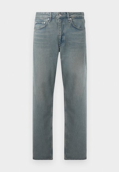 Ljusblå denimjeans med rak bendesign, som har fem fickor, diskret blekning och metallknappdetaljer.